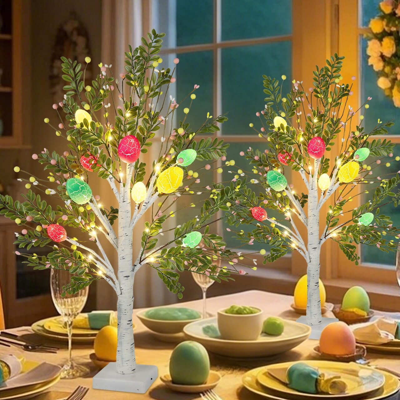 27 Inch Easter Decorations for Home – 2 Pack Lighted Easter Trees, Light Up Birch Trees with Easter Egg, Tabletop Spring Decor for Mantel Indoor Office